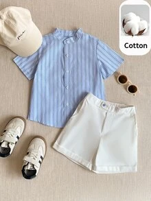 PrepCrw 2pcs/Set Boys' Striped Collared Short Sleeve Shirt And Shorts Set, Preppy Style - Multicolor - View 1