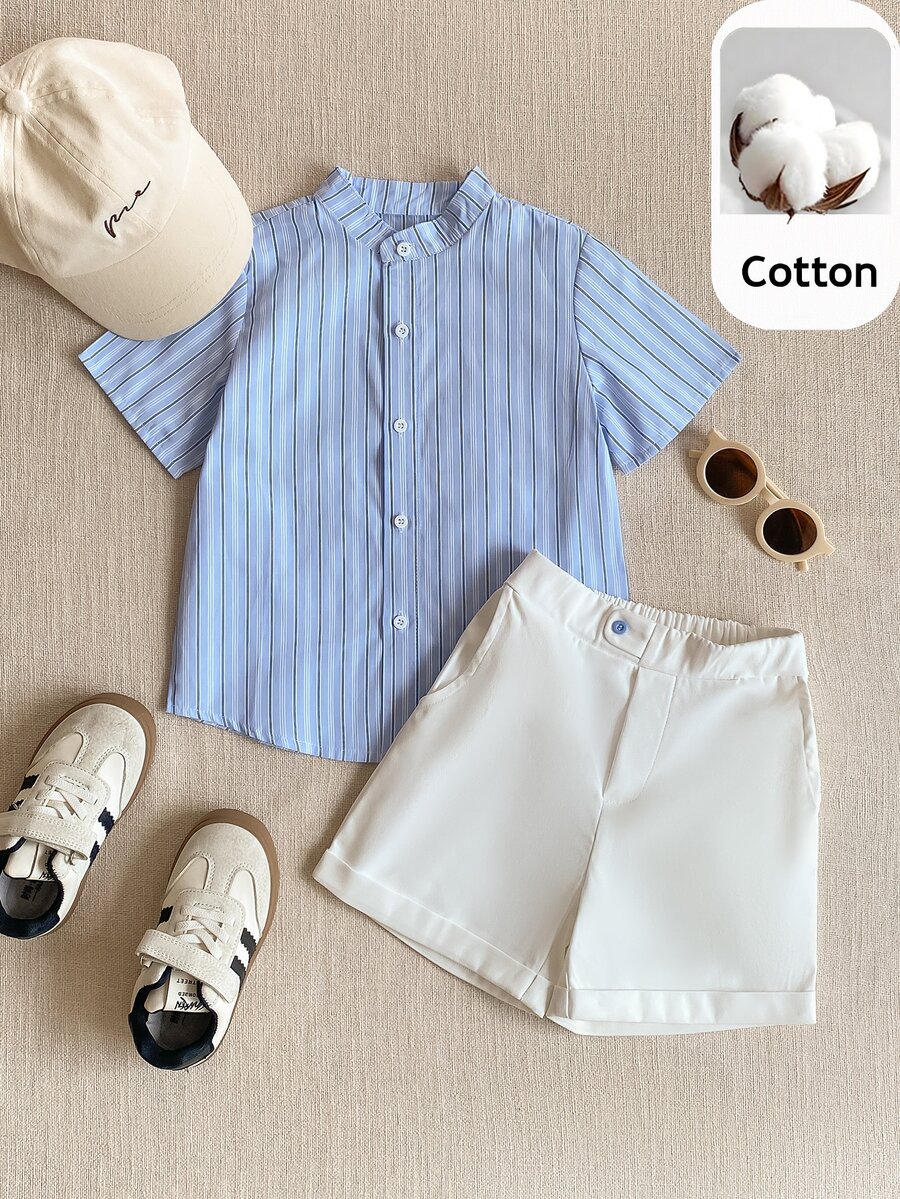 PrepCrw 2pcs/Set Boys' Striped Collared Short Sleeve Shirt And Shorts Set, Preppy Style - Multicolor - View 1
