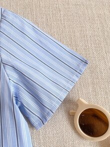 PrepCrw 2pcs/Set Boys' Striped Collared Short Sleeve Shirt And Shorts Set, Preppy Style - Multicolor - View 4