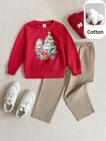 PrepCrw 2 Parça Genç Erkek Çocukları Şık Okul Tarzı Günlük Şehir Dar Kesim Sevimli Noel Yavrusu Grafik Kırmızı Yuvarlak Yaka Sweatshirt ve Haki Pantolon Takımı, Ev, Günlük Giyim, Noel, Tatiller, Sonbahar/Kış İçin Uygundur