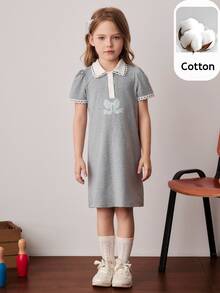 PrepCrw Young Girls' Collegiate Bow Decor Colorblock Collar Short Sleeve Dress,White Princess Birthday Summer Back-To-School Outfits School Uniform - Multicolor - View 1