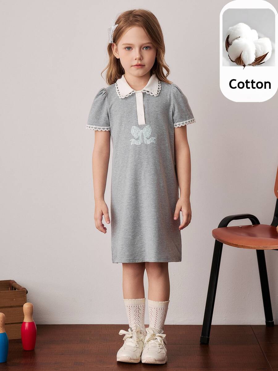 PrepCrw Young Girls' Collegiate Bow Decor Colorblock Collar Short Sleeve Dress,White Princess Birthday Summer Back-To-School Outfits School Uniform - Multicolor - View 1