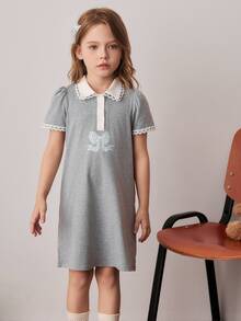 PrepCrw Young Girls' Collegiate Bow Decor Colorblock Collar Short Sleeve Dress,White Princess Birthday Summer Back-To-School Outfits School Uniform - Multicolor - View 7