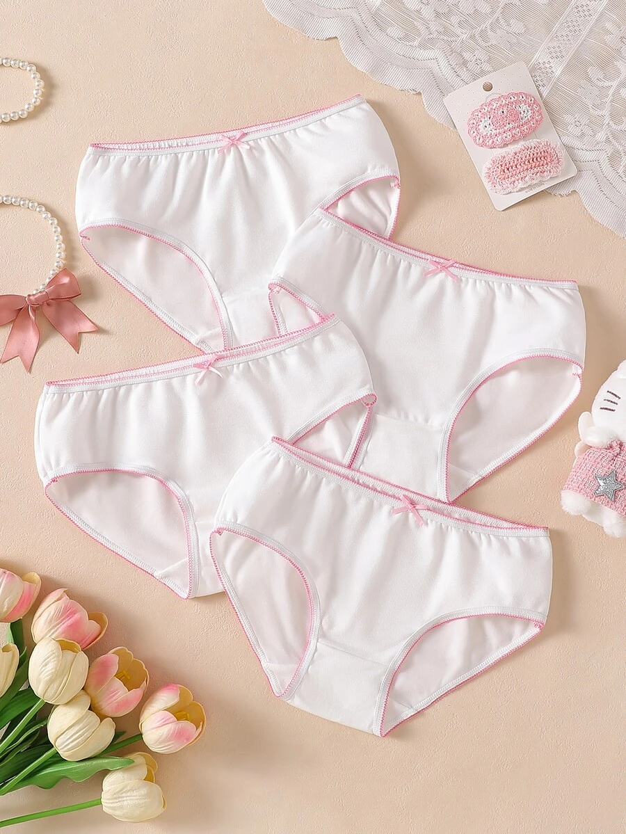 SHEIN 4pcs/Set Girls Toddler Young Girl Multi-Color Pink Crescent Moon Lace Trim Bow Solid Color Simple Sweet Preppy Style Triangle Panties Underwear - Multicolor - View 1