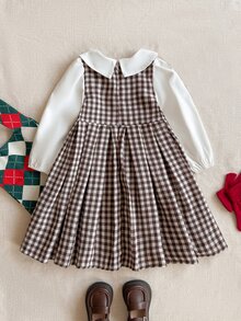 PrepCrw Young Girls College Style 2 In 1 Contrast Color Lapel Long Sleeve Plaid Dress - Multicolor - View 2