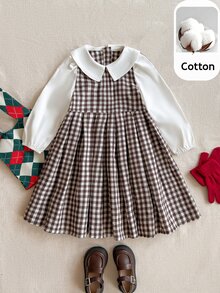 PrepCrw Young Girls College Style 2 In 1 Contrast Color Lapel Long Sleeve Plaid Dress - Multicolor - View 1