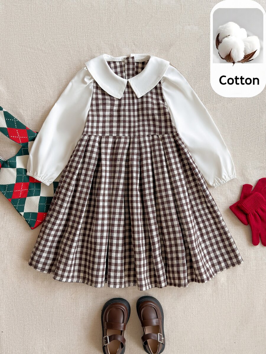 PrepCrw Young Girls College Style 2 In 1 Contrast Color Lapel Long Sleeve Plaid Dress - Multicolor - View 1
