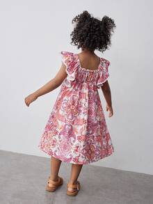 Maija Kids Maija Kids 年轻女孩花卉印花方领荷叶边袖度假连衣裙 - 粉色 - 查看 2