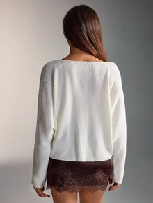 Lumivelle Off-White Structured Ribbed Boat-Neck Slim-Fit Knit Sweater With Sculpted Waist And Clean Minimal Silhouette Brunch Work Office Autumn Elegant Simple - White - View 5