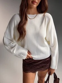 Lumivelle Off-White Structured Ribbed Boat-Neck Slim-Fit Knit Sweater With Sculpted Waist And Clean Minimal Silhouette Brunch Work Office Autumn Elegant Simple - White - View 3