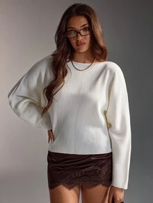 Lumivelle Off-White Structured Ribbed Boat-Neck Slim-Fit Knit Sweater With Sculpted Waist And Clean Minimal Silhouette Brunch Work Office Autumn Elegant Simple - White - View 8