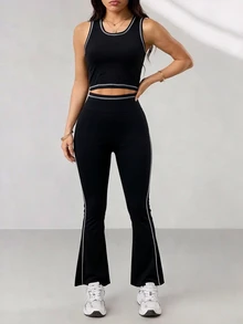 SHEIN Sports Fashionable Black & White Colorblock Sports Set, High Waist Slimming Peach Butt Shaping Athletic Long Pants - Black - View 5