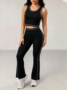 SHEIN Sports Fashionable Black & White Colorblock Sports Set, High Waist Slimming Peach Butt Shaping Athletic Long Pants - Black - View 6
