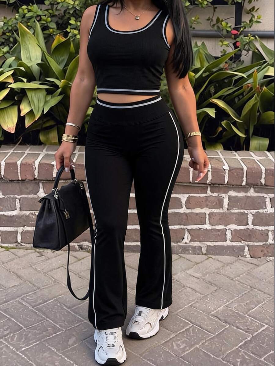 SHEIN Sports Fashionable Black & White Colorblock Sports Set, High Waist Slimming Peach Butt Shaping Athletic Long Pants - Black - View 1