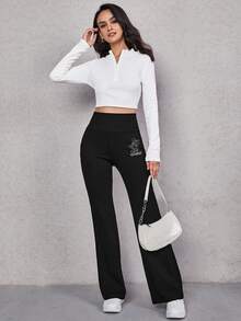 TOM & JERRY X SHEIN SHEIN EZwear 女款字母卡通印花休閒日常長褲 - 黑色 - 查看 4