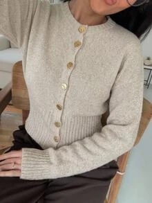 Aloruh Women's Elegant Round Neck Metal Button Decor Fitted Waist Ribbed Knit Cardigan,New Fall Styles - Khaki - View 2