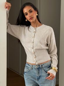 Aloruh Women's Elegant Round Neck Metal Button Decor Fitted Waist Ribbed Knit Cardigan,New Fall Styles - Khaki - View 8