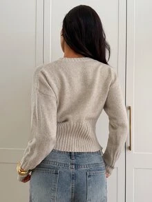 Aloruh Women's Elegant Round Neck Metal Button Decor Fitted Waist Ribbed Knit Cardigan,New Fall Styles - Khaki - View 4