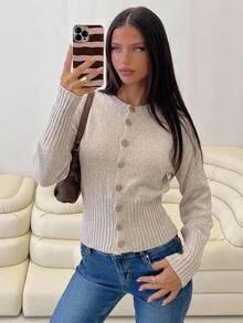 Aloruh Women's Elegant Round Neck Metal Button Decor Fitted Waist Ribbed Knit Cardigan,New Fall Styles - Khaki - View 3