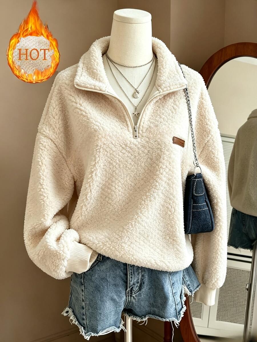SHEIN Franclia Women's Autumn/Winter New Apricot Diamond Quilted Plush Half-Zip Stand Collar Casual Sweatshirt, Comfortable Plush Fabric With Built-In Diamond Texture, Half-Zip Stand Collar For Adjustable Opening, Leather Label Detail On Chest, Loose Drop Shoulder Long Sleeve With Ribbed Hem, Simple Casual Fit Suitable For Various Bottoms, Everyday Casual Wear - Apricot - View 1
