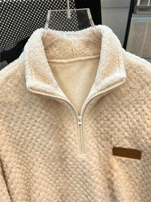 SHEIN Franclia Women's Autumn/Winter New Apricot Diamond Quilted Plush Half-Zip Stand Collar Casual Sweatshirt, Comfortable Plush Fabric With Built-In Diamond Texture, Half-Zip Stand Collar For Adjustable Opening, Leather Label Detail On Chest, Loose Drop Shoulder Long Sleeve With Ribbed Hem, Simple Casual Fit Suitable For Various Bottoms, Everyday Casual Wear - Apricot - View 5