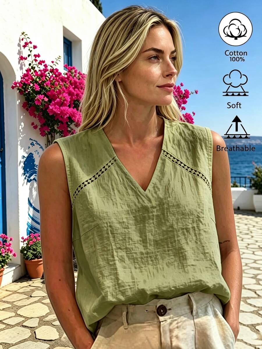SHEIN LUNE White Sleeveless V-Neck Linen-Cotton Shirt, Hollow Lace Splicing, Pastoral Resort Style, Summer Top - Army Green - View 1