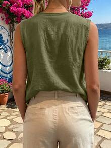 SHEIN LUNE White Sleeveless V-Neck Linen-Cotton Shirt, Hollow Lace Splicing, Pastoral Resort Style, Summer Top - Army Green - View 2