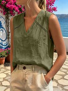 SHEIN LUNE White Sleeveless V-Neck Linen-Cotton Shirt, Hollow Lace Splicing, Pastoral Resort Style, Summer Top - Army Green - View 4