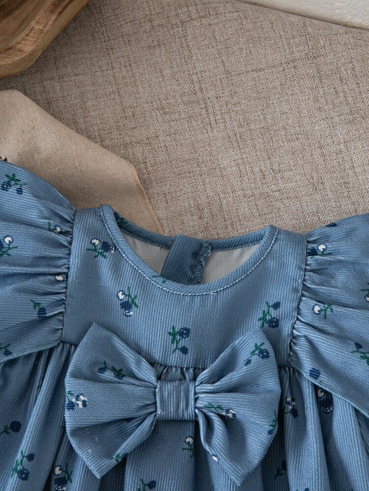SHEIN Kids Baby Girl Corduroy Floral Casual Long Sleeve Bowknot Dress, Comfortable Versatile Fashion Daily Cute Pattern Minimalist Style Basic, Suitable For Indoor, Outdoor, Daily, Sports, Play, Party, Photo, Holiday - Blue - View 7