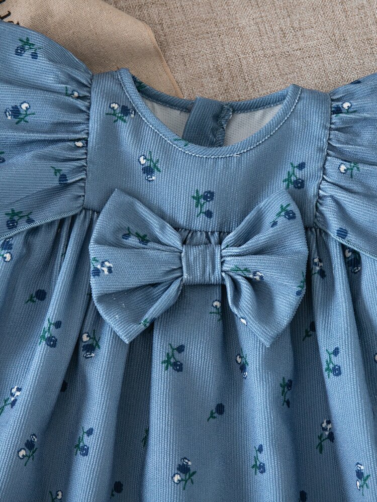 SHEIN Kids Baby Girl Corduroy Floral Casual Long Sleeve Bowknot Dress, Comfortable Versatile Fashion Daily Cute Pattern Minimalist Style Basic, Suitable For Indoor, Outdoor, Daily, Sports, Play, Party, Photo, Holiday - Blue - View 4