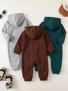 SHEIN 3件組嬰兒男嬰女嬰灰色秋冬加厚刷毛鬆針軟綿連帽長袖拉鍊連身衣 百搭百搭適合外出 - 彩色 - 查看 2