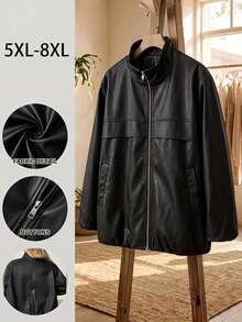 SHEIN CURVE+ جاكيت جلد صناعي للنساء بمقاسات كبيرة، لون موحد، أكمام فانوس، سحاب أمامي، ملابس خارجية للخريف - الأسود - مشاهدة 7