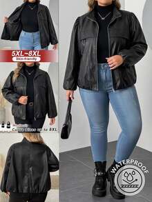 SHEIN CURVE+ جاكيت جلد صناعي للنساء بمقاسات كبيرة، لون موحد، أكمام فانوس، سحاب أمامي، ملابس خارجية للخريف - الأسود - مشاهدة 8