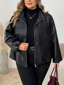 SHEIN CURVE+ جاكيت جلد صناعي للنساء بمقاسات كبيرة، لون موحد، أكمام فانوس، سحاب أمامي، ملابس خارجية للخريف - الأسود - مشاهدة 6
