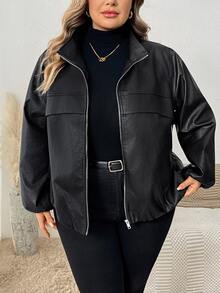 SHEIN CURVE+ جاكيت جلد صناعي للنساء بمقاسات كبيرة، لون موحد، أكمام فانوس، سحاب أمامي، ملابس خارجية للخريف - الأسود - مشاهدة 3