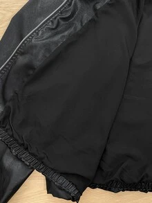 SHEIN CURVE+ جاكيت جلد صناعي للنساء بمقاسات كبيرة، لون موحد، أكمام فانوس، سحاب أمامي، ملابس خارجية للخريف - الأسود - مشاهدة 9