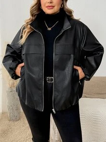 SHEIN CURVE+ جاكيت جلد صناعي للنساء بمقاسات كبيرة، لون موحد، أكمام فانوس، سحاب أمامي، ملابس خارجية للخريف - الأسود - مشاهدة 4