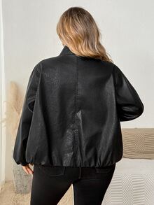 SHEIN CURVE+ جاكيت جلد صناعي للنساء بمقاسات كبيرة، لون موحد، أكمام فانوس، سحاب أمامي، ملابس خارجية للخريف - الأسود - مشاهدة 2