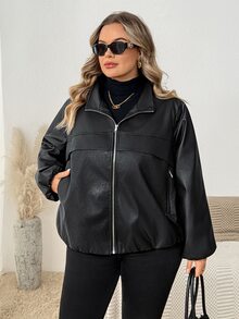 SHEIN CURVE+ جاكيت جلد صناعي للنساء بمقاسات كبيرة، لون موحد، أكمام فانوس، سحاب أمامي، ملابس خارجية للخريف - الأسود - مشاهدة 5