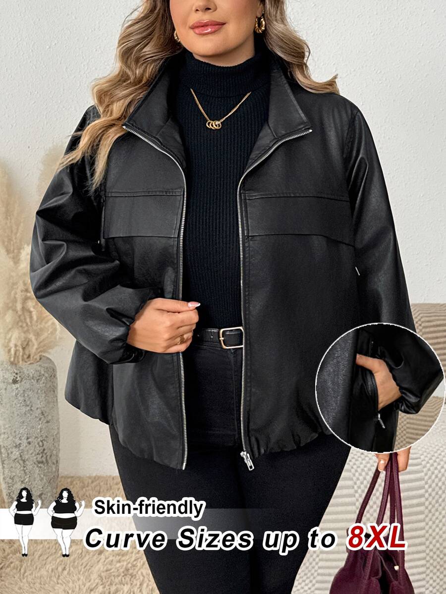 SHEIN CURVE+ جاكيت جلد صناعي للنساء بمقاسات كبيرة، لون موحد، أكمام فانوس، سحاب أمامي، ملابس خارجية للخريف - الأسود - مشاهدة 1
