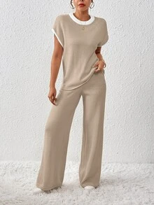 EMERY ROSE 2pcs Women's Casual Color Block Drawstring Knitted Set - Camel - View 7