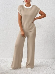 EMERY ROSE 2pcs Women's Casual Color Block Drawstring Knitted Set - Camel - View 6