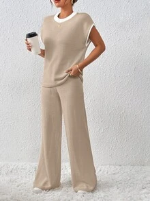 EMERY ROSE 2pcs Women's Casual Color Block Drawstring Knitted Set - Camel - View 5