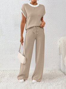 EMERY ROSE 2pcs Women's Casual Color Block Drawstring Knitted Set - Camel - View 3