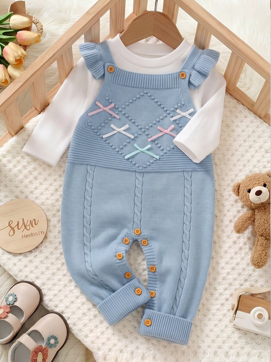 SHEIN Baby Girl Bow Decor Casual Daily Knit Jumpsuit - Blue - View 1