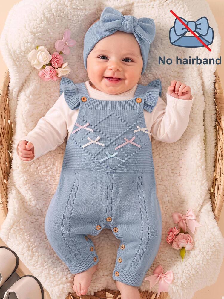 SHEIN Baby Girl Bow Decor Casual Daily Knit Jumpsuit - Blue - View 1