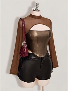 SHEIN ICON 女款大尺碼秋冬皮革拼接網格黑色修身T恤 - 摩卡棕 - 查看 6