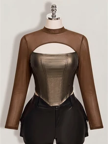SHEIN ICON 女款大尺碼秋冬皮革拼接網格黑色修身T恤 - 摩卡棕 - 查看 3