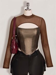 SHEIN ICON 女款大尺碼秋冬皮革拼接網格黑色修身T恤 - 摩卡棕 - 查看 1