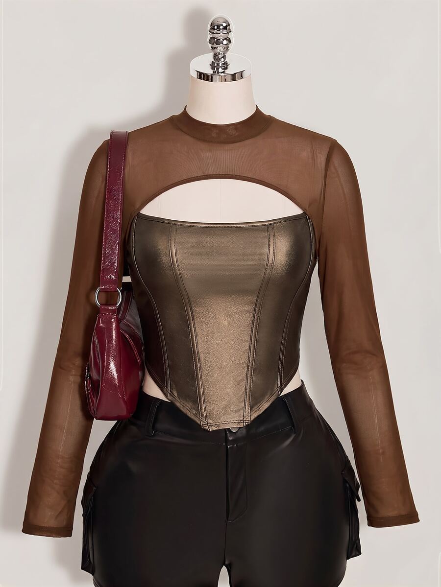 SHEIN ICON 女款大尺碼秋冬皮革拼接網格黑色修身T恤 - 摩卡棕 - 查看 1